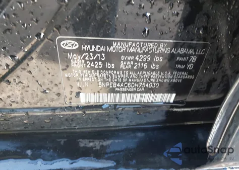 2013 Hyundai Sonata Gls from USA, damaged, VIN 5NPEB4AC6DH754030